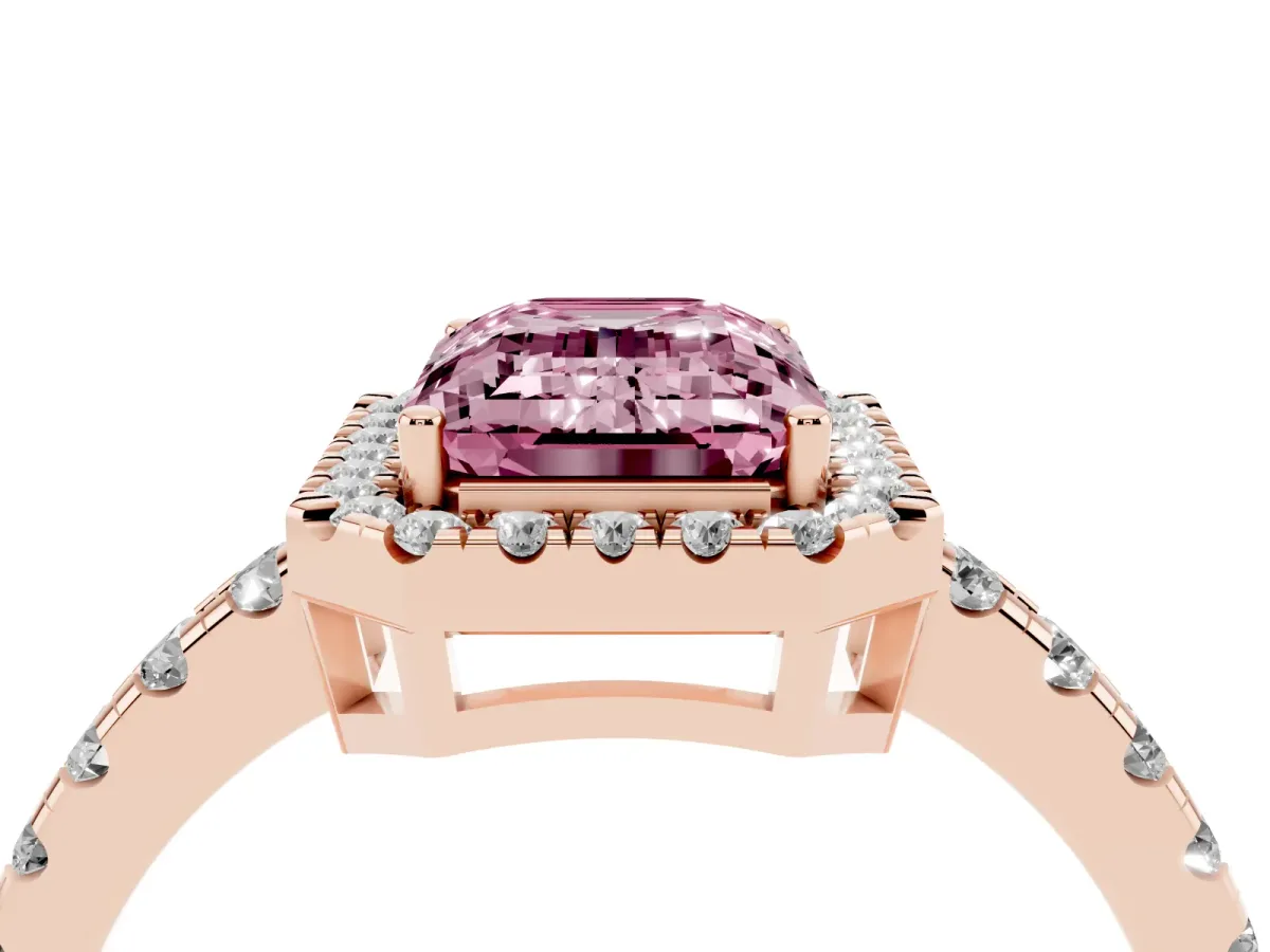 Fancy Pink Emerald Cut Diamond Halo Ring with Pavé Band and Four-Prong Setting Rose gold