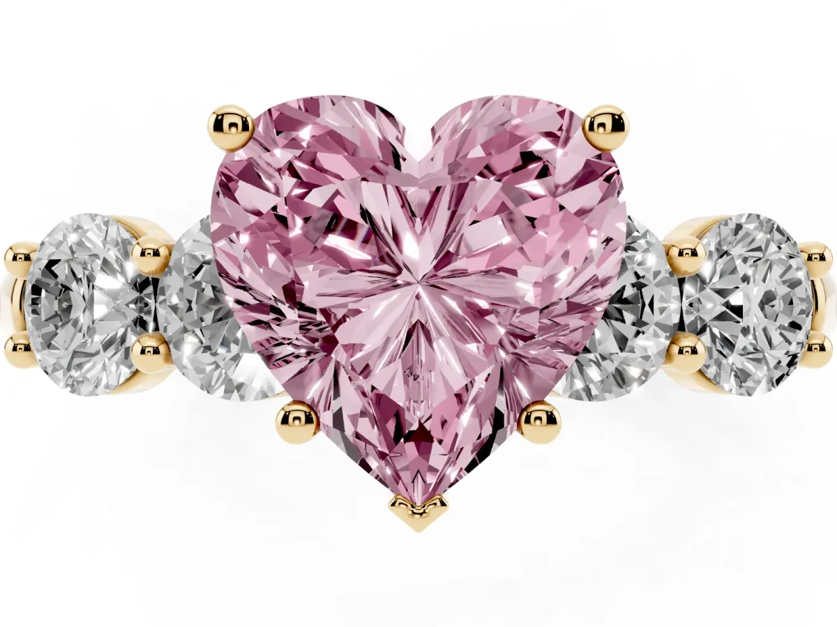 Fancy Pink Heart Cut Cut Five-Stone Prong Set Diamond Ring with Classic Band Yellow gold