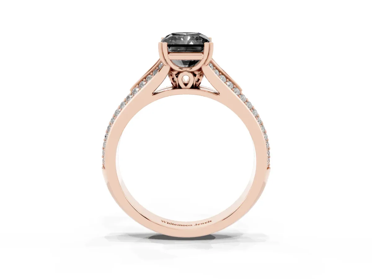 Fancy Black Radiant Cut Diamond Split Shank Engagement Ring with Pavé Band Rose gold