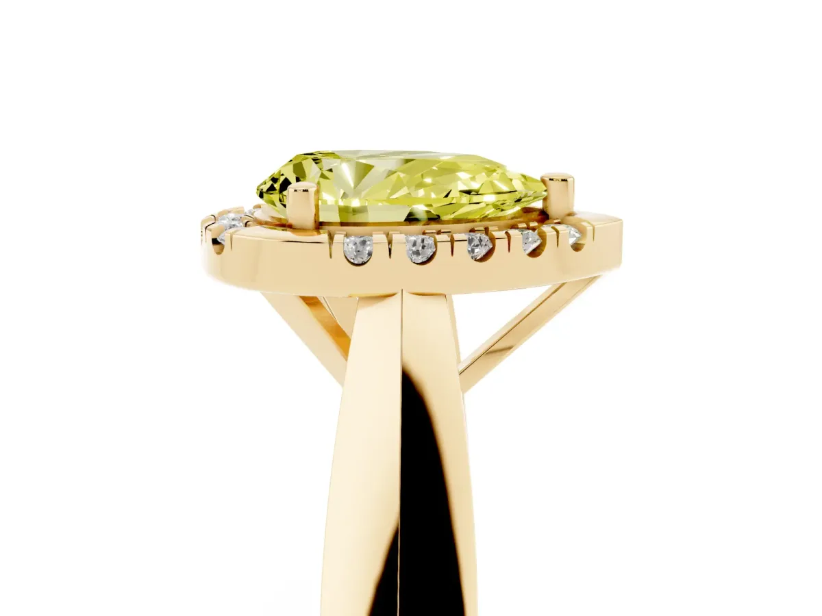 Fancy Yellow Pear Cut Cut Halo Solitaire Engagement Ring with Square Band and Four-Prong Setting Yellow gold