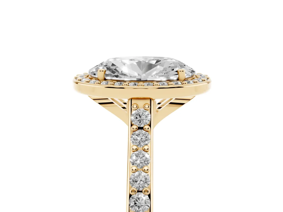 Oval Cut Diamond Halo Engagement Ring with Round Pavé Shoulders and Prong Setting Yellow gold