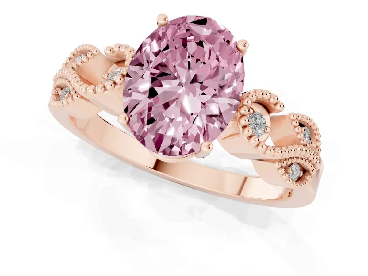 Fancy Pink Oval Cut Solitaire Milgrain Leaf Band with Prong Setting Rose gold