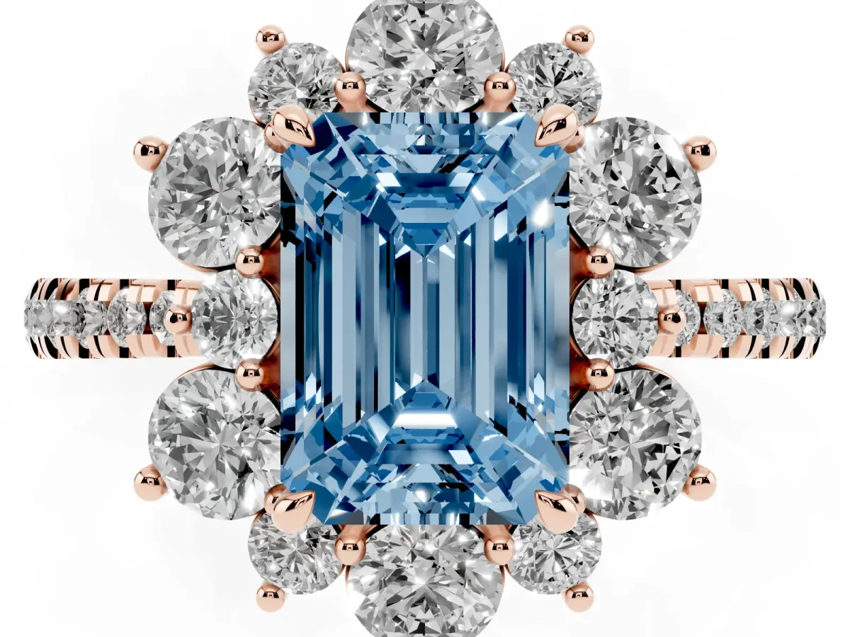 Fancy Blue Emerald Cut Diamond Floral Halo Ring with Round Pavé Band and Prong Setting Rose gold