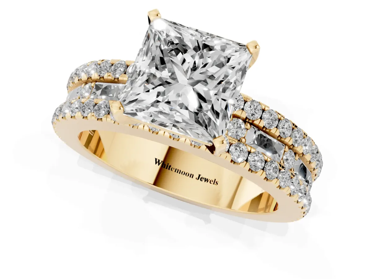 Princess Cut Diamond Solitaire Ring with Pavé and Channel Set Band Yellow gold