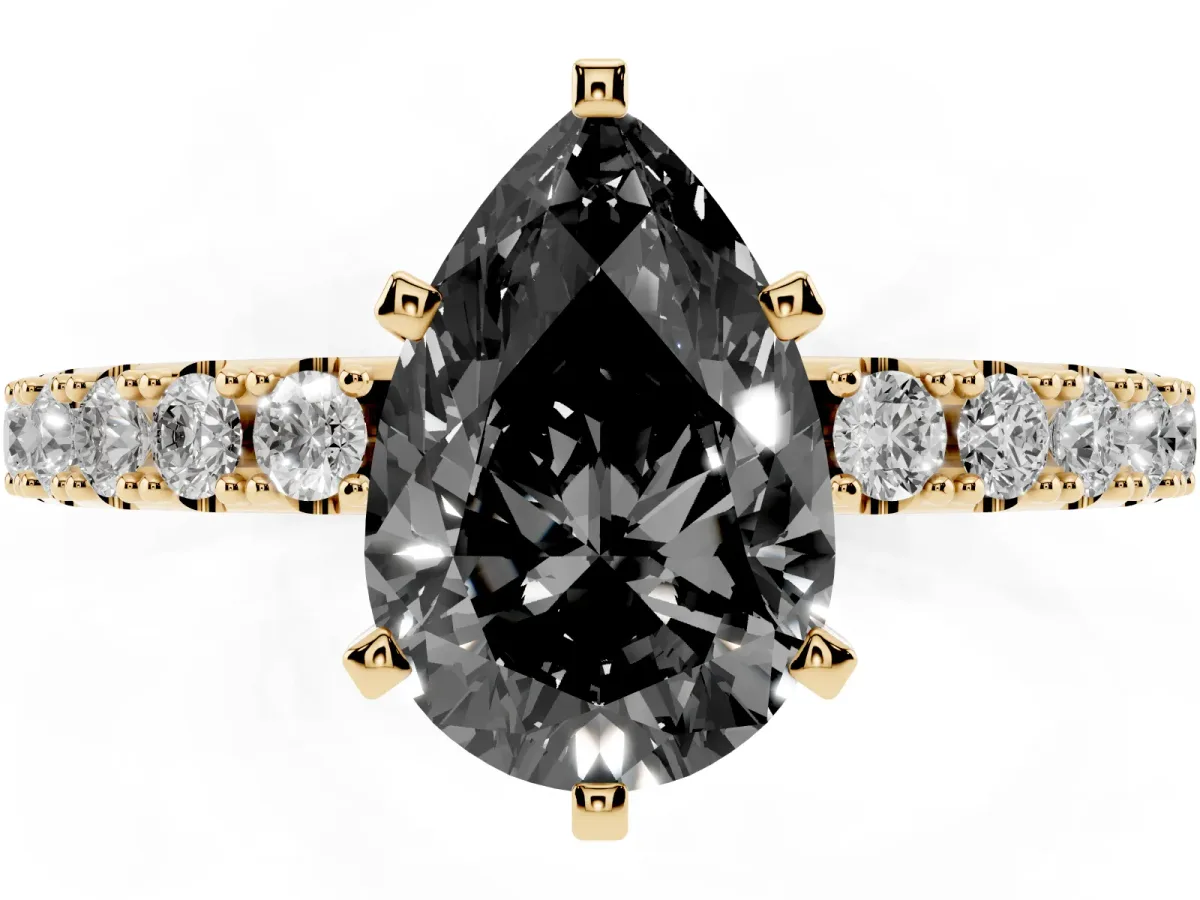 Fancy Black Pear Cut Diamond Solitaire Pavé Band with Four-Prong Setting Yellow gold
