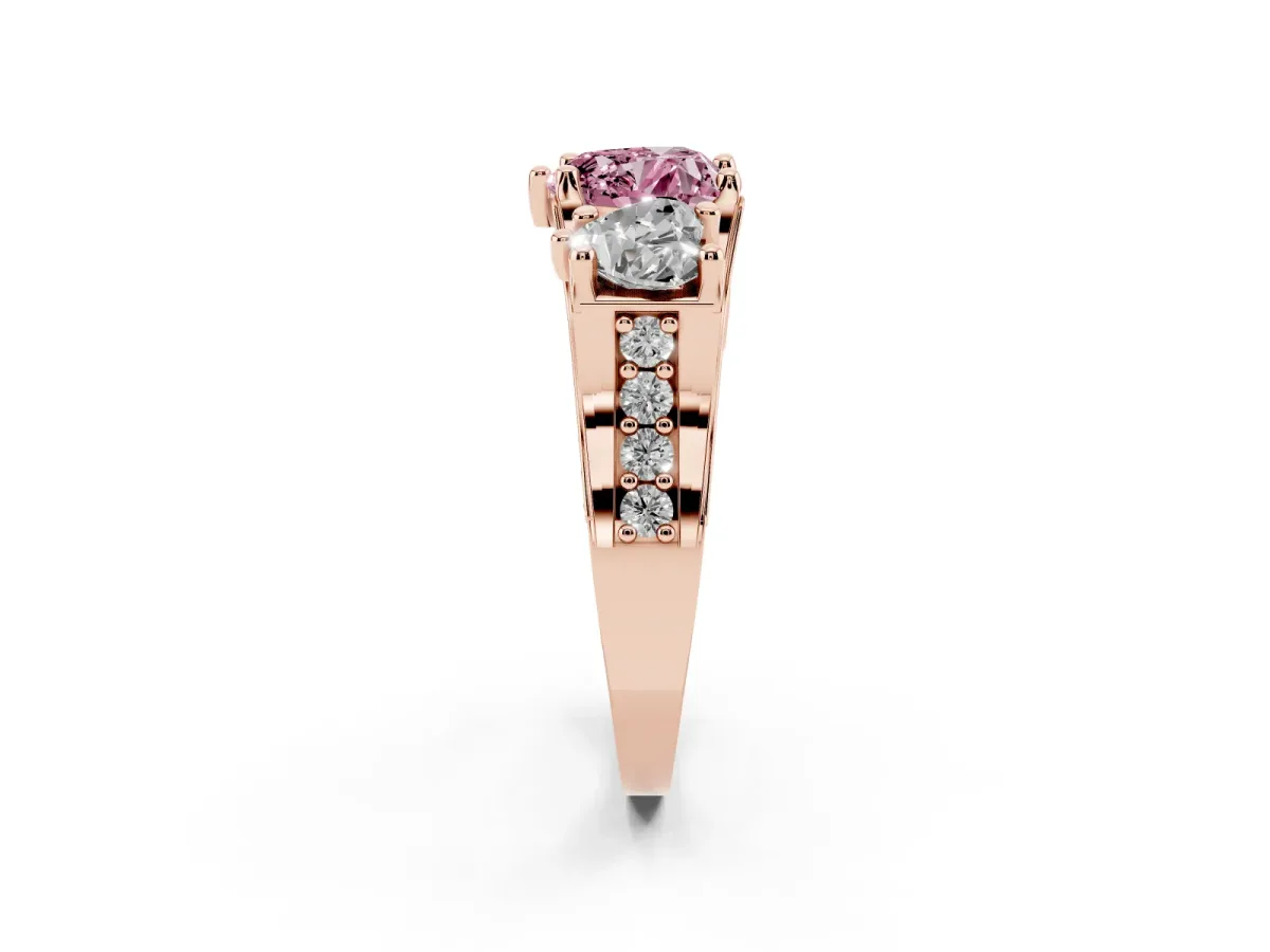 Fancy Pink Heart Cut Diamond Three-Stone Ring with Channel Set Band and Four-Prong Setting Rose gold