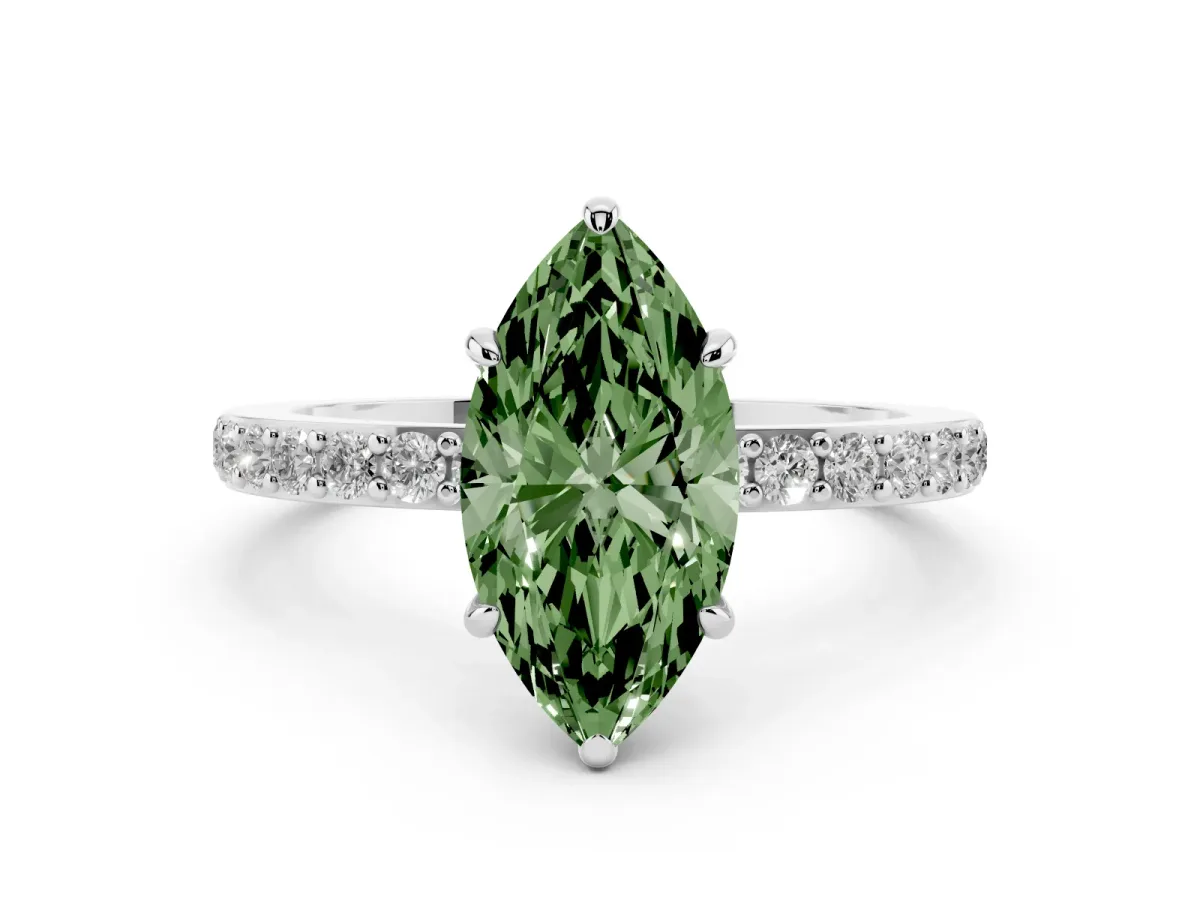 Fancy Green Marquise Cut Diamond Pavé Engagement Ring with Round Accents and Prong Setting Platinum