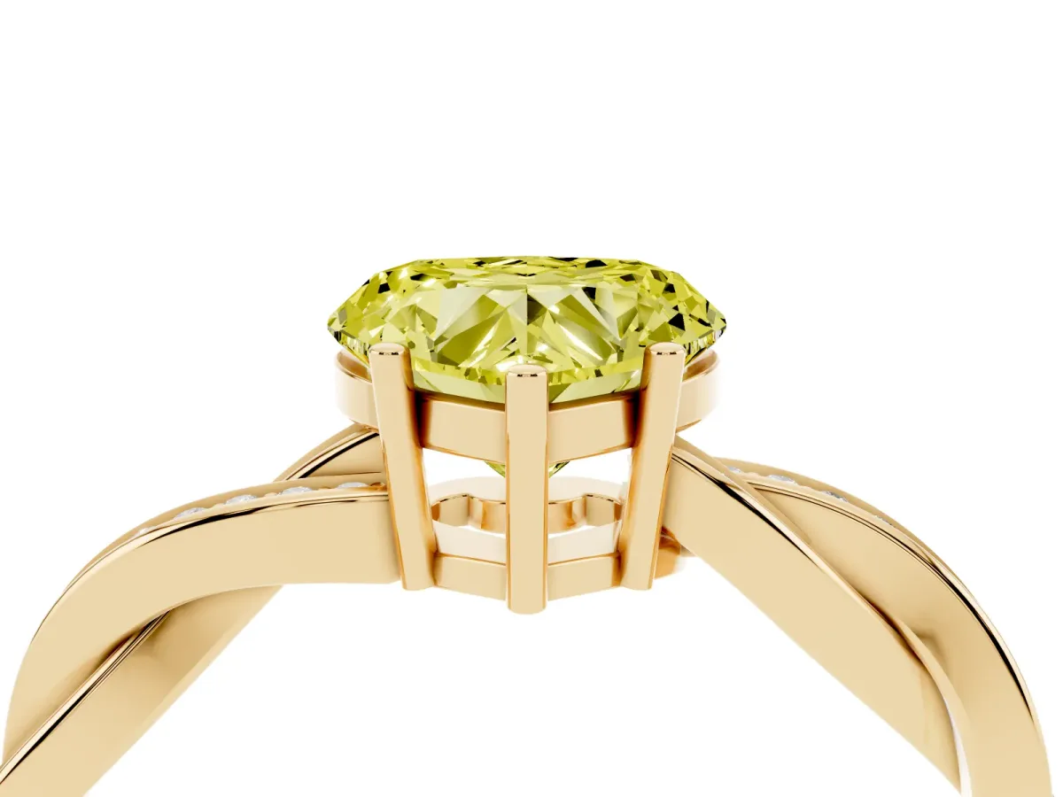 Fancy Yellow Heart Cut Solitaire Twisted Pave Diamond Ring with Four-Prong Setting Yellow gold