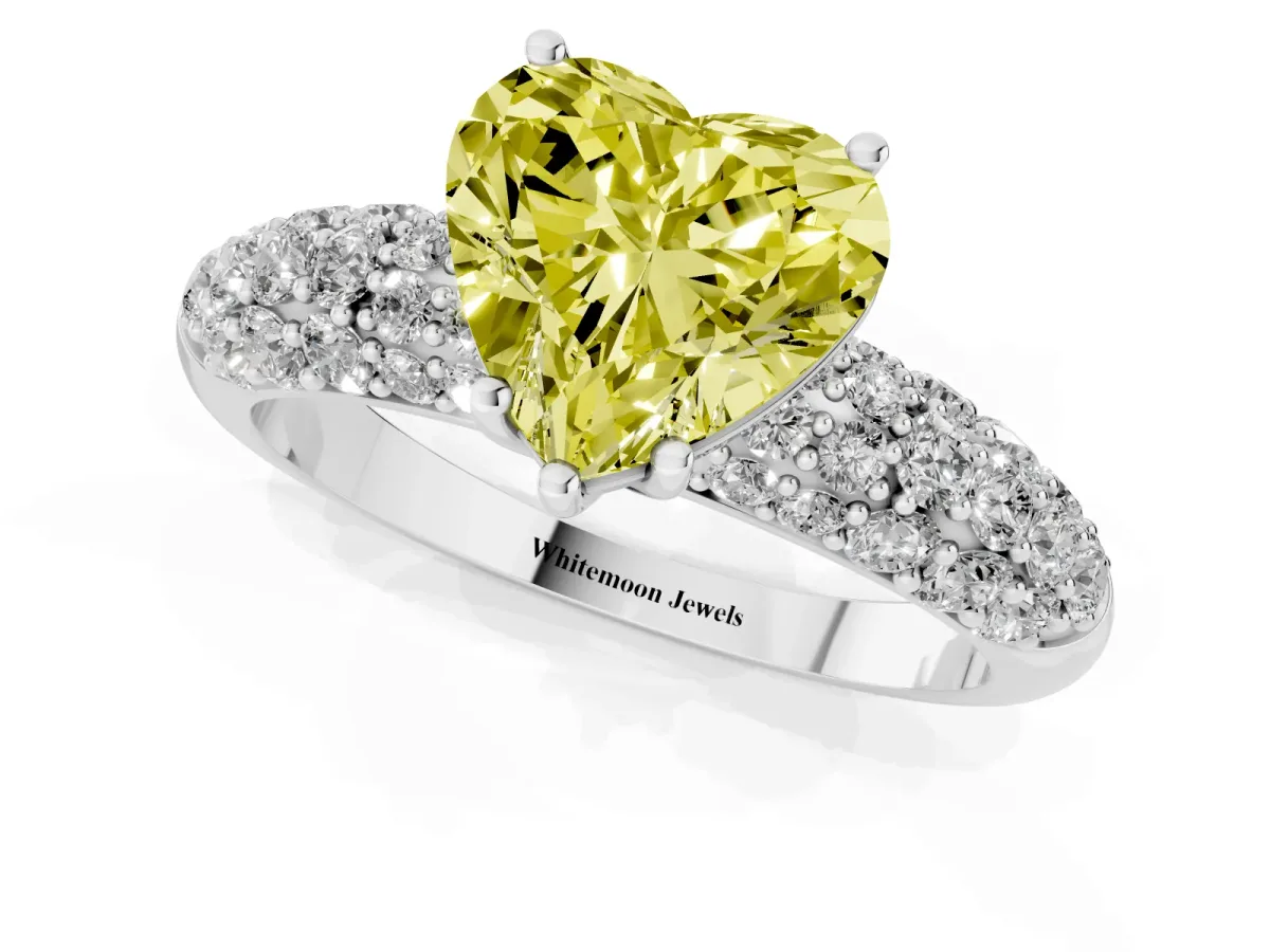 Fancy Yellow Heart Cut Diamond Pavé Band Solitaire Ring with Four-Prong Setting Silver