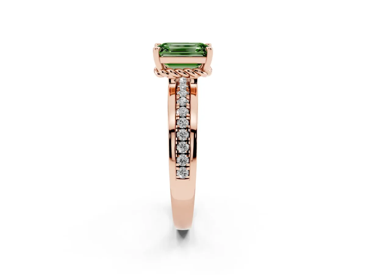 Fancy Green Emerald Cut Solitaire Diamond Ring with Channel Set Band and Six-Prong Setting Rose gold