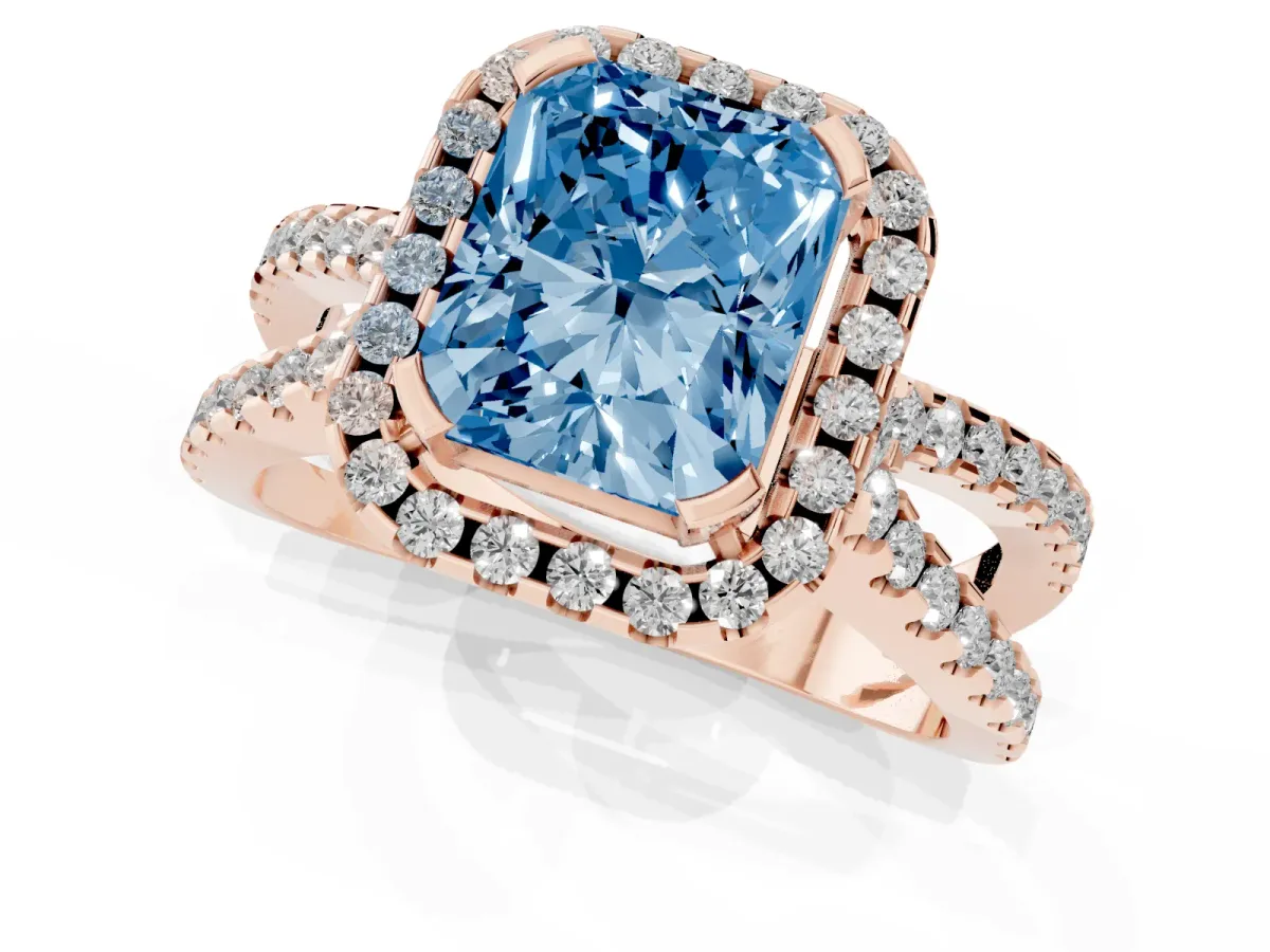 Fancy Blue Radiant Cut Diamond Halo Ring with Split Shank Pavé Band and Prong Setting Rose gold