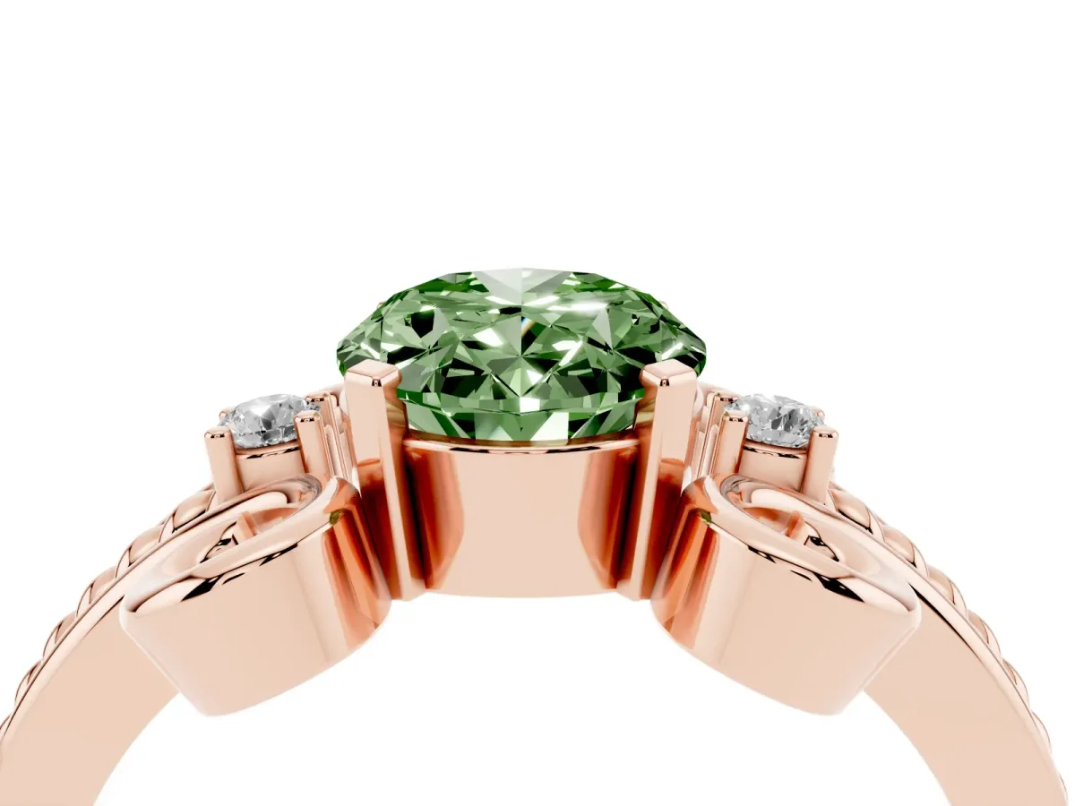 Fancy Green Oval Cut Solitaire Twisted Band Scroll Prong Ring Rose gold