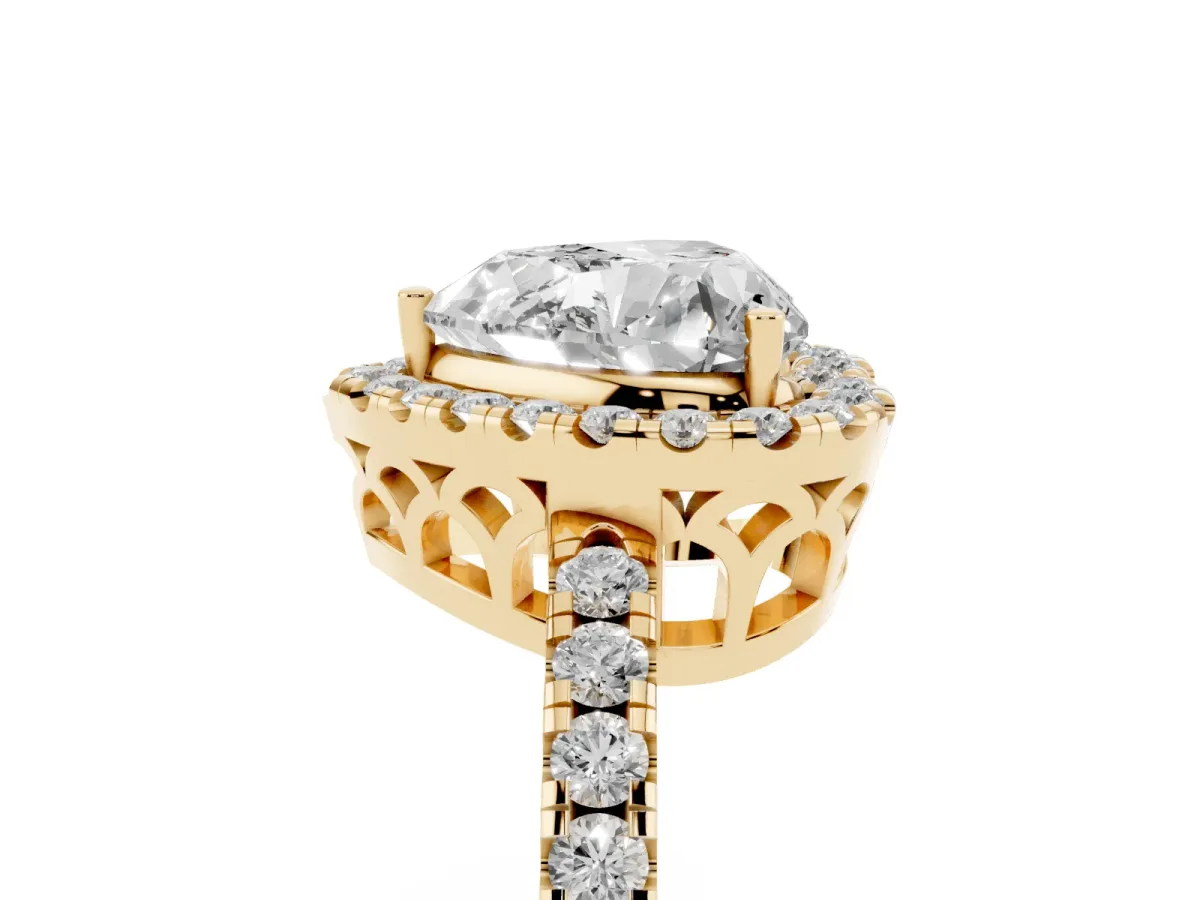 Heart Cut Halo Diamond Engagement Ring with Pavé Band and Four-Prong Setting Yellow gold