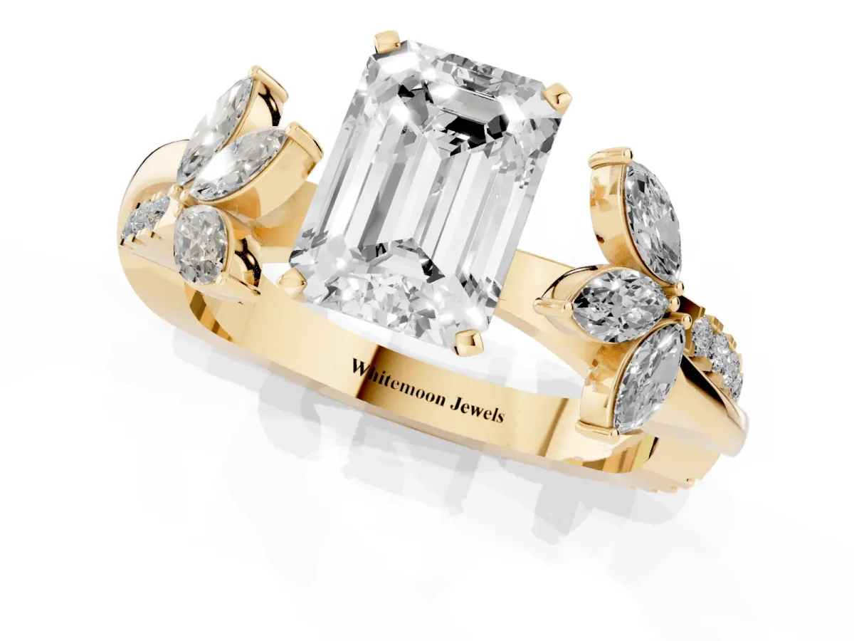 Emerald Cut Diamond Floral Vine Solitaire Engagement Ring Yellow gold