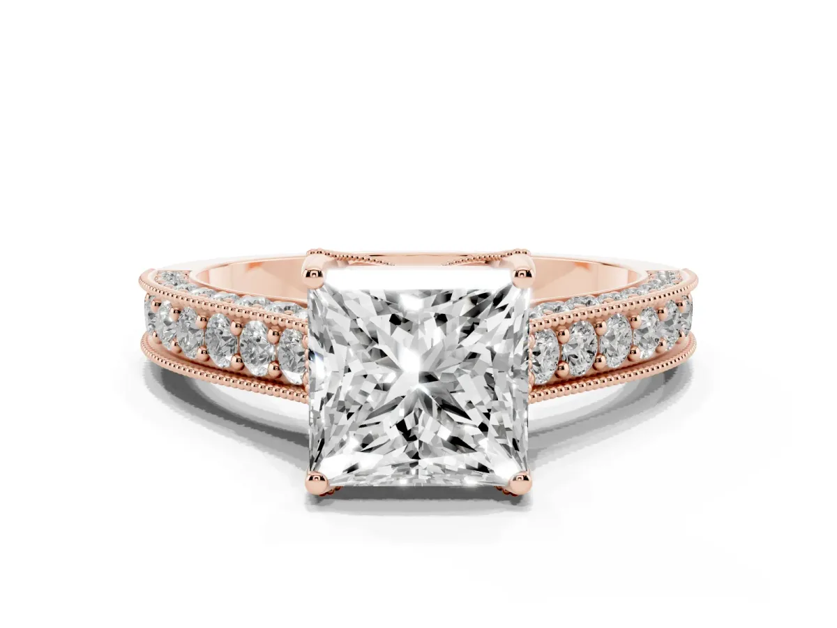 Princess Cut Cut Diamond Solitaire Ring with Milgrain Pave Band and Four Prong Setting Rose gold