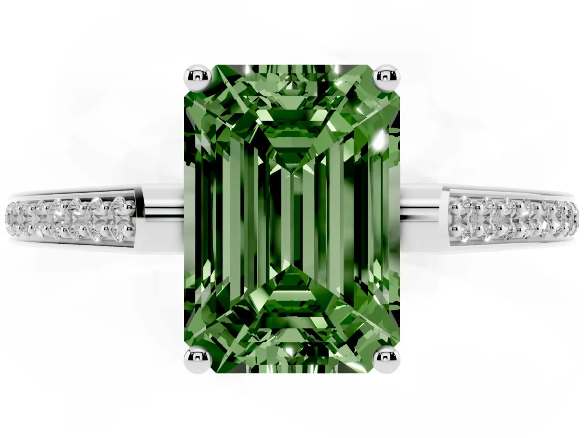 Fancy Green Emerald Cut Cut Cathedral Pave Diamond Engagement Ring with Six-Prong Setting Silver