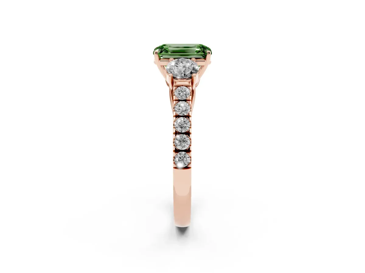Fancy Green Emerald Cut Cut Diamond Three-Stone Ring with Round Side Stones and Pavé Band Rose gold