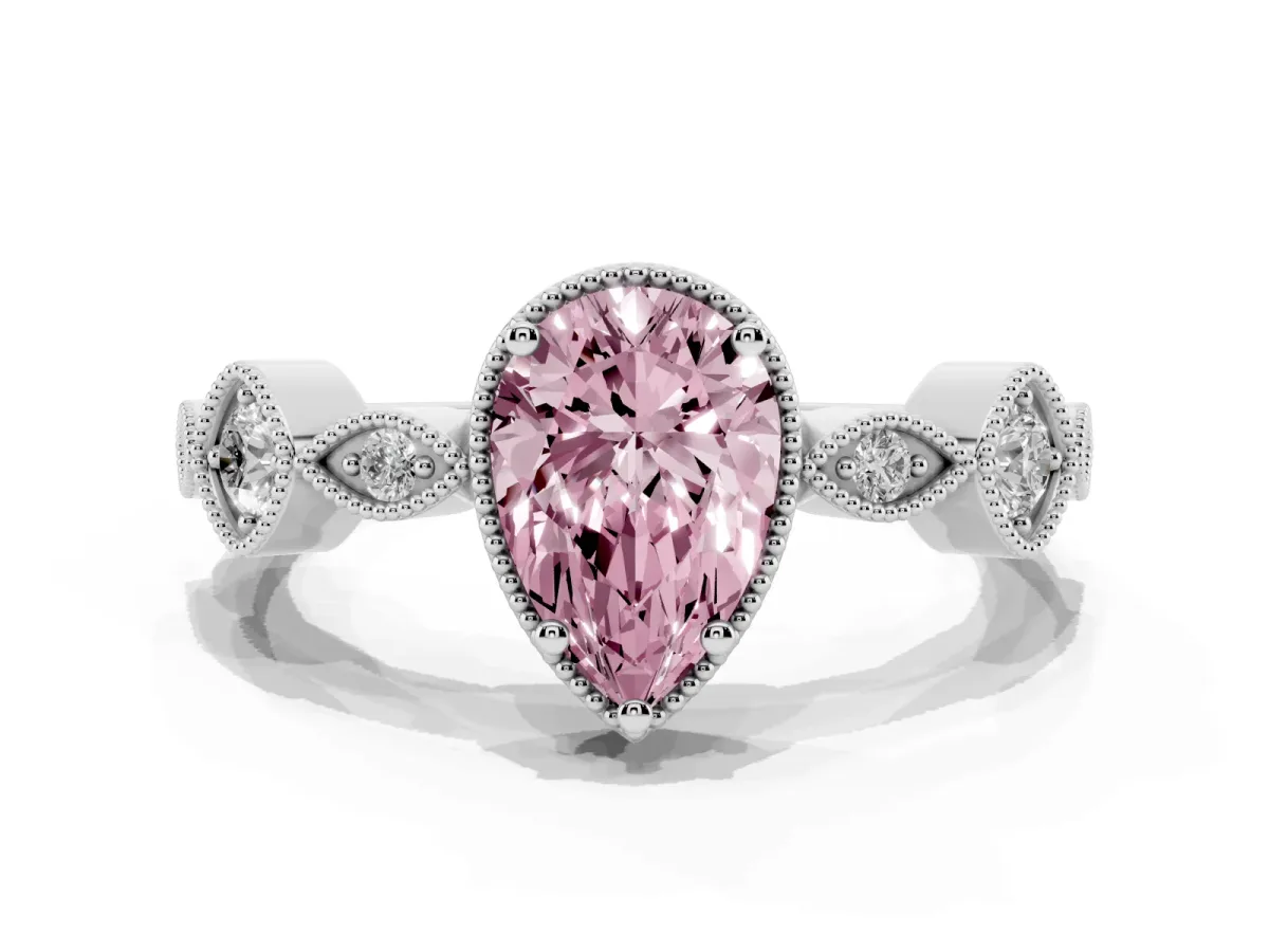 Fancy Pink Pear Cut Diamond Vintage Milgrain Ring with Round Stations Silver