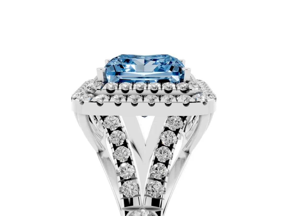 Fancy Blue Princess Cut Cut Double Halo Split Shank Diamond Ring with Prong Setting Silver