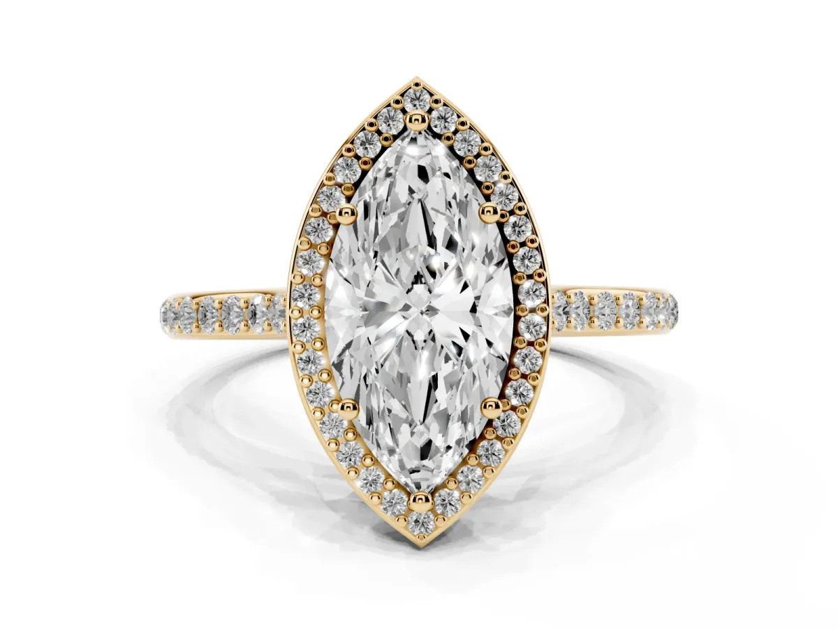 Marquise Cut Diamond Halo Engagement Ring with Round Pavé Shoulders and Prong Setting Yellow gold