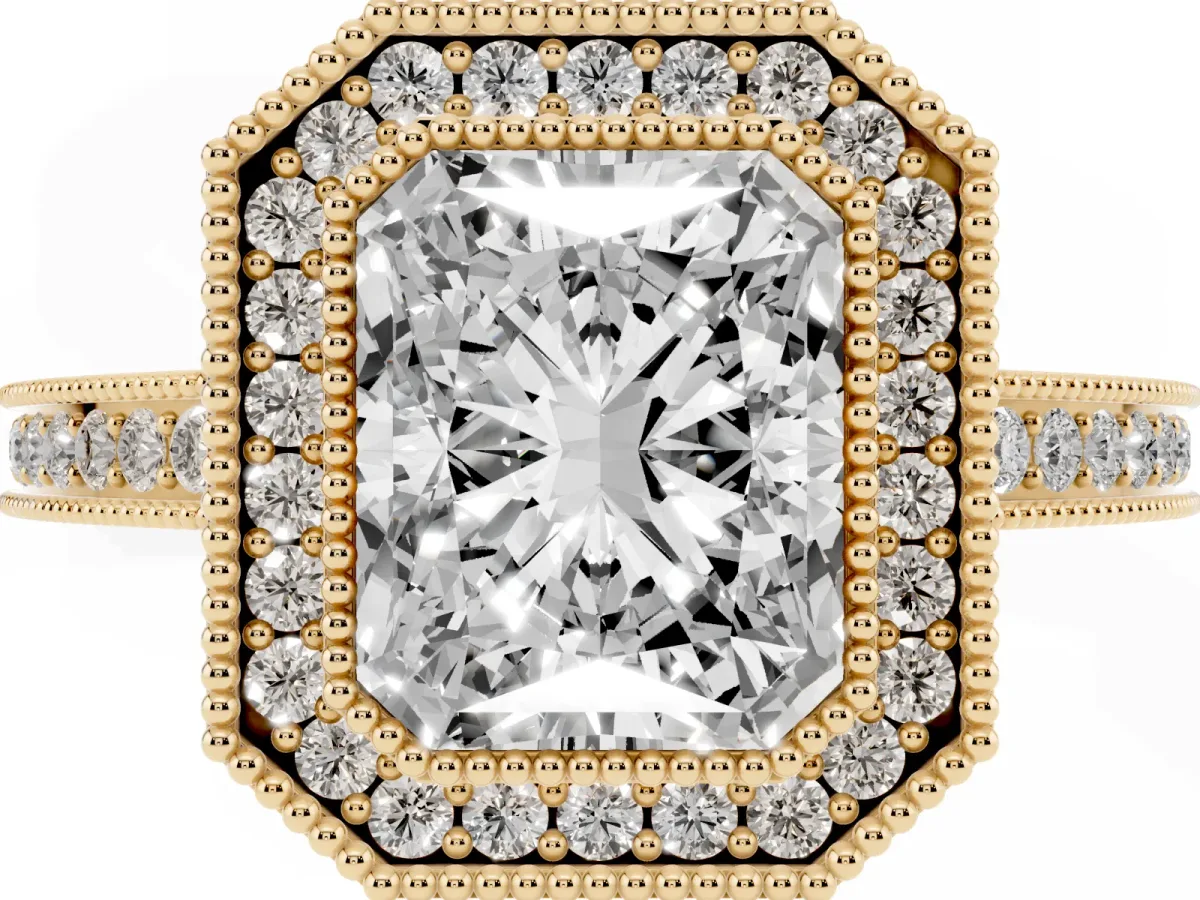 Radiant Cut Cut Halo Diamond Ring with Pavé Band and Milgrain Prong Setting Yellow gold