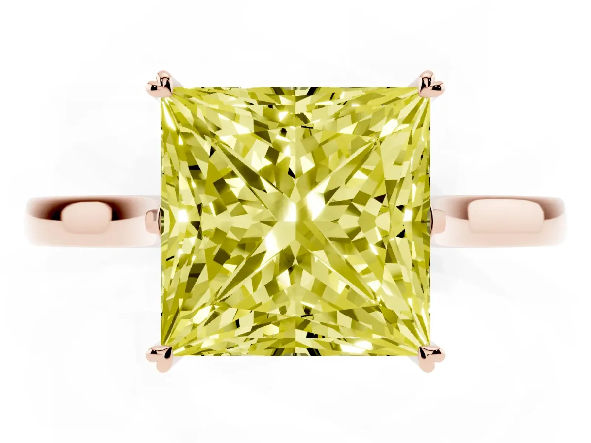 Fancy Yellow Princess Cut Solitaire Heart Prong Engagement Ring with Tapered Band Rose gold