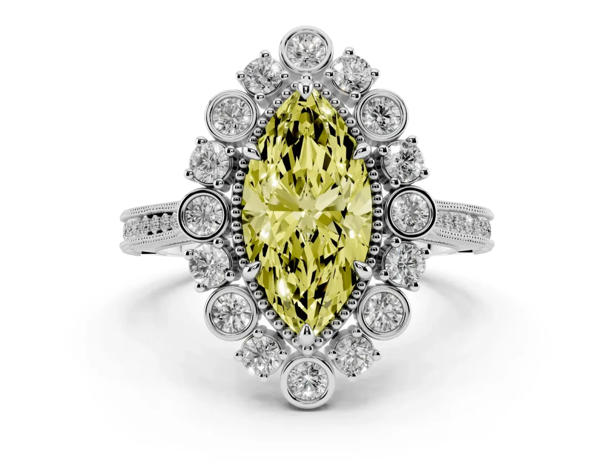Fancy Yellow Marquise Cut Halo Milgrain Pave Diamond Ring with Four-Prong Setting Silver