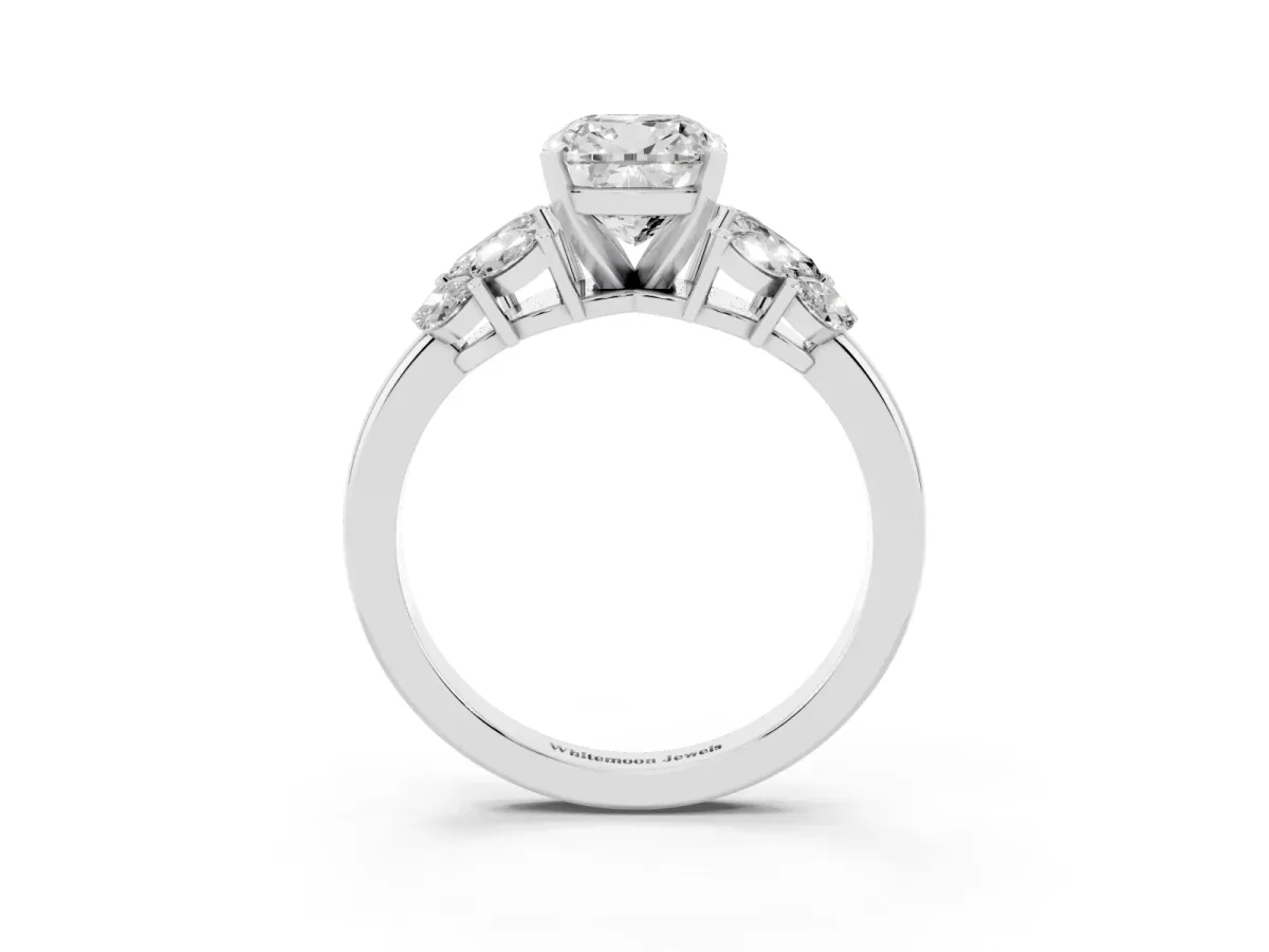 Cushion Cut Diamond Cluster Leaf Design Ring with Prong Setting Silver