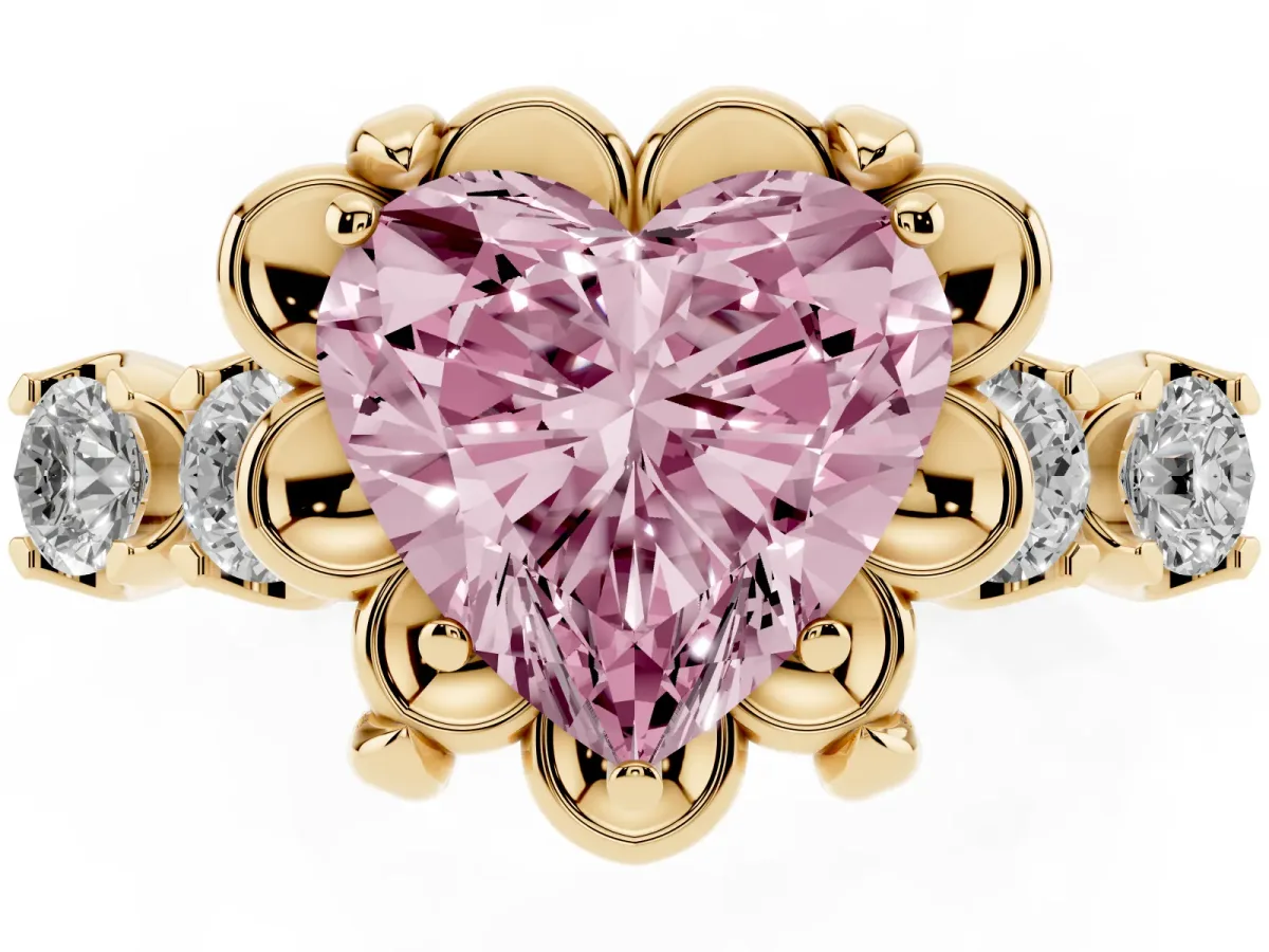 Fancy Pink Heart Cut Cut Diamond Floral Halo Engagement Ring with Shared Prong Setting Yellow gold