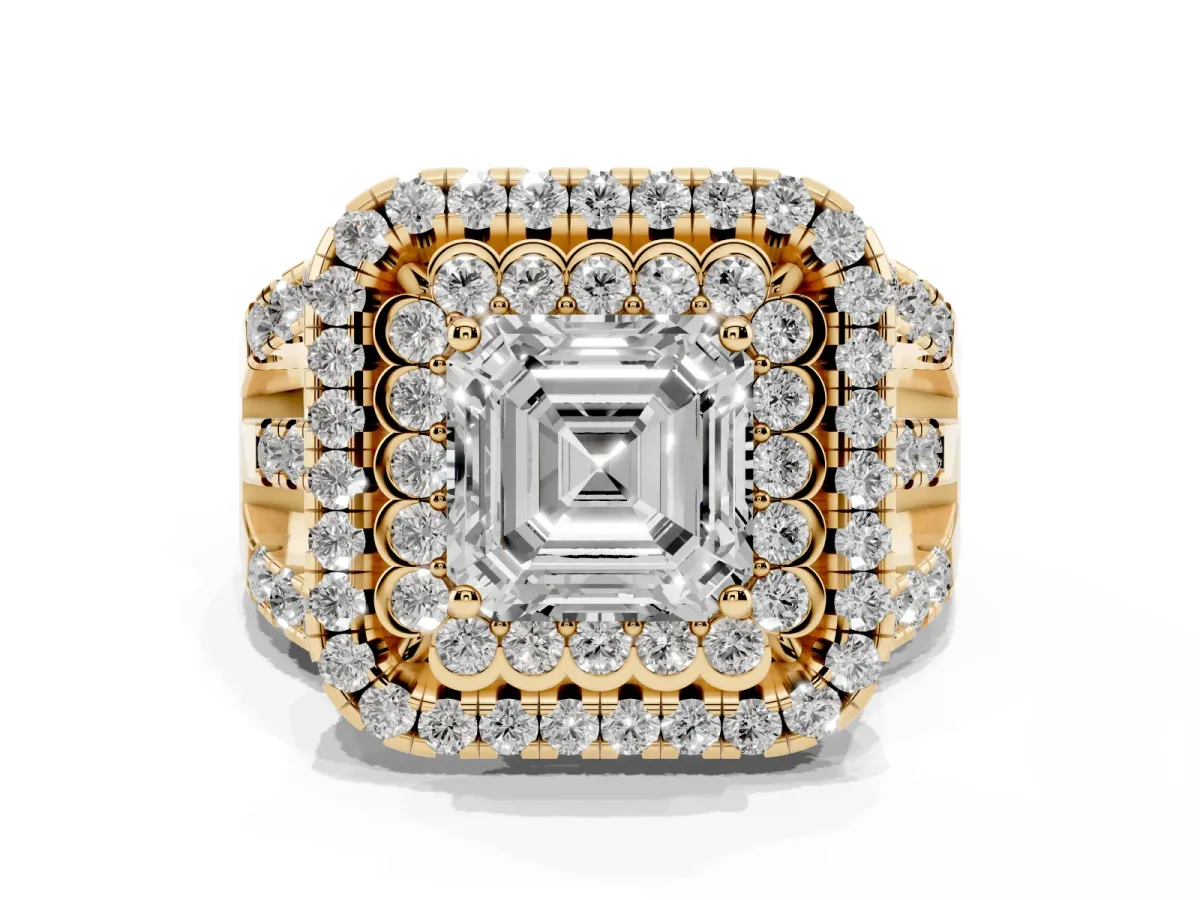Asscher Cut Diamond Double Halo Ring with Round Pavé Split Shank and Prong Setting Yellow gold