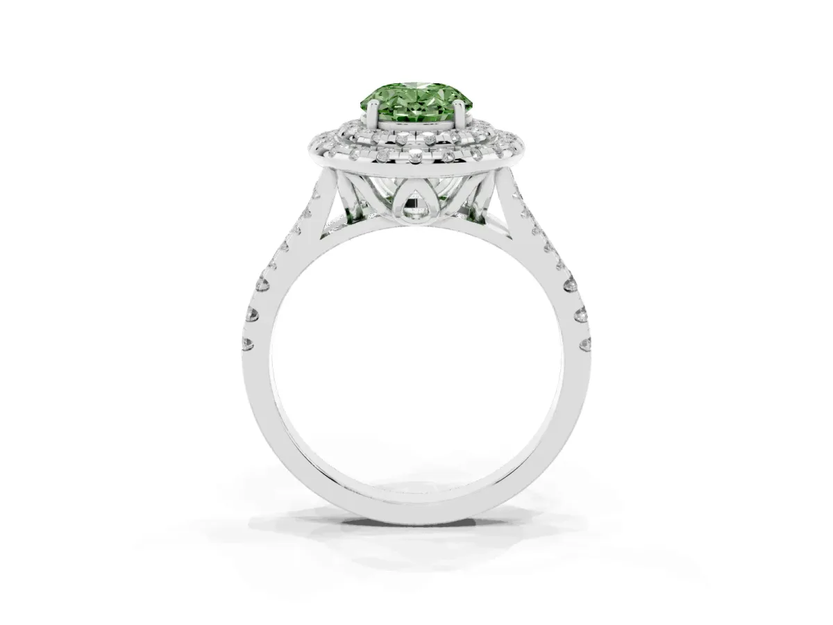 Fancy Green Double Halo Oval Cut Diamond Pavé Split Shank Ring with Prong Setting White gold