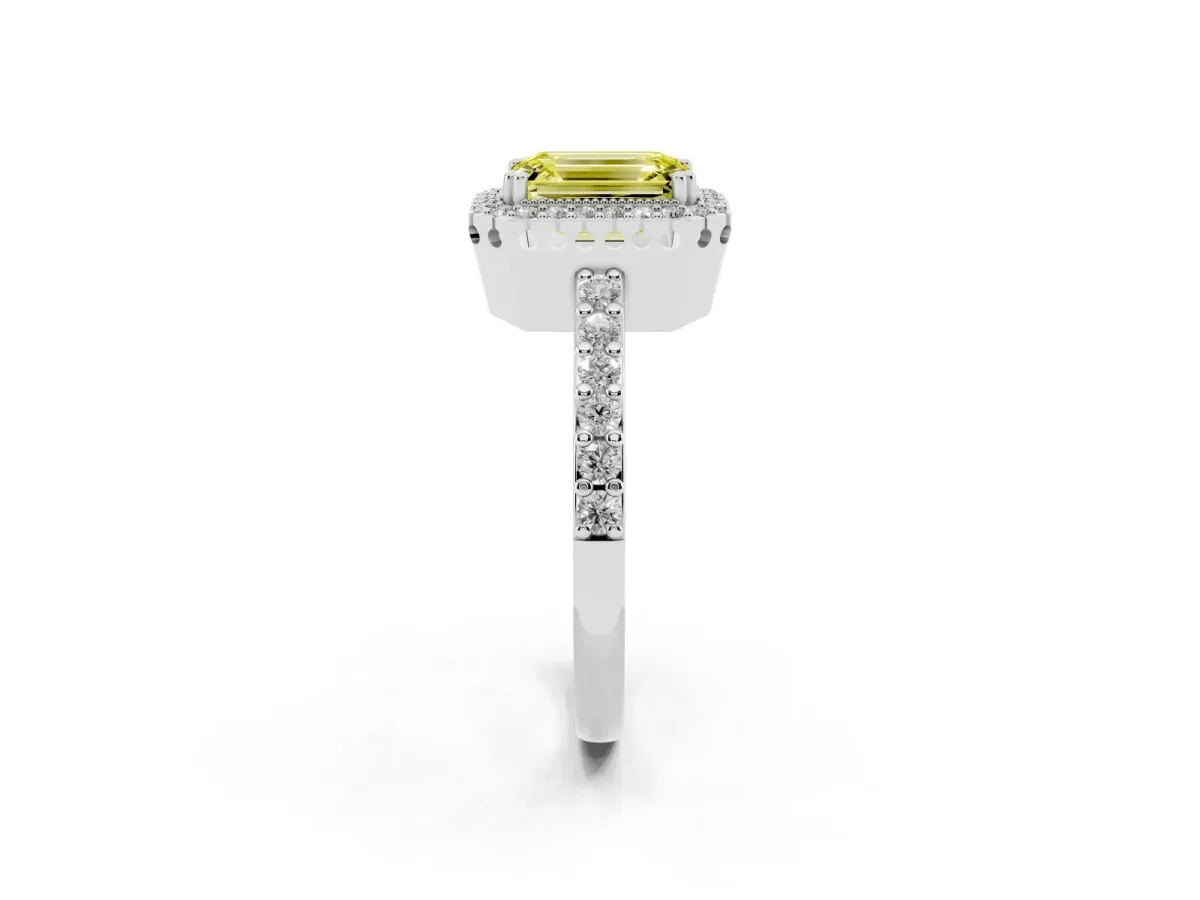 Fancy Yellow Emerald Cut Cut Diamond Halo Engagement Ring with Milgrain Detail and Pavé Band Silver