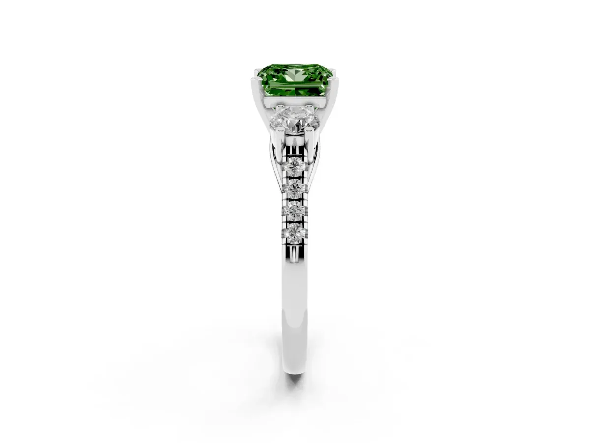 Fancy Green Three-Stone Princess Cut Diamond Pavé Band with Four-Prong Setting Silver