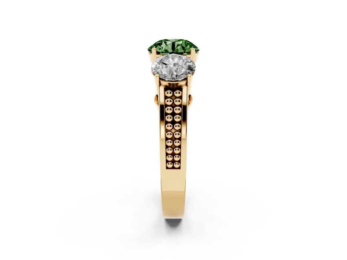Fancy Green Round Cut Diamond Three-Stone Ring with Prong Setting and Textured Band Yellow gold