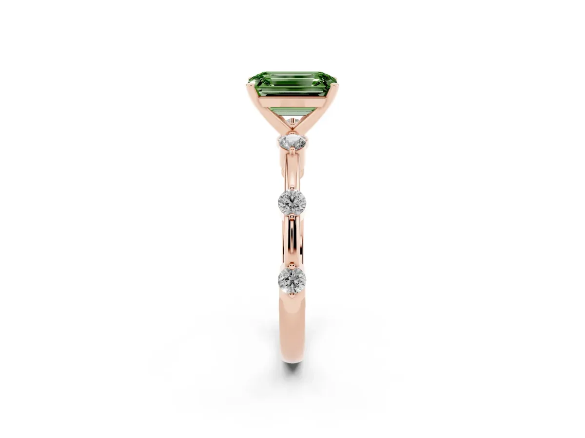 Fancy Green Emerald Cut Solitaire Diamond Ring with Bezel Set Side Stones and Prong Setting Rose gold
