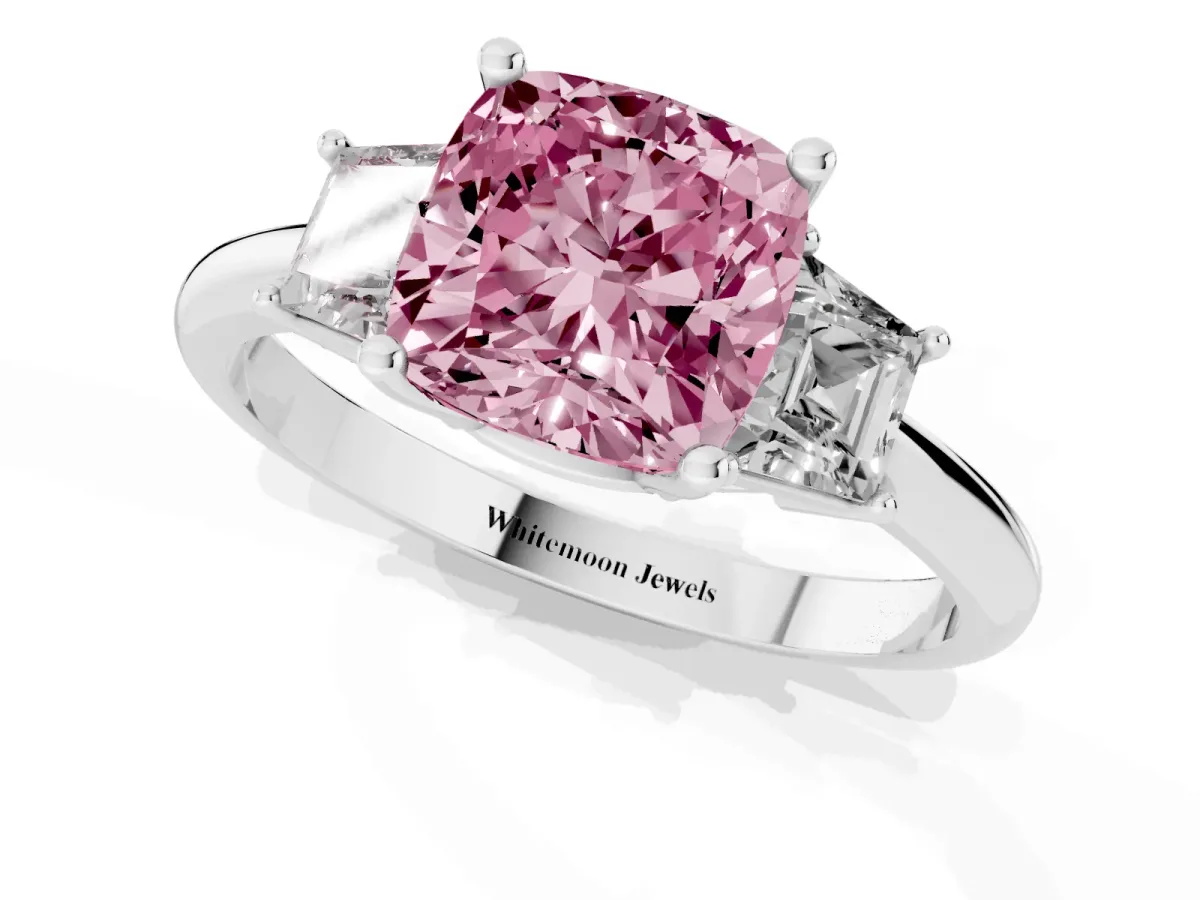 Fancy Pink Cushion Cut Diamond Three-Stone Ring with Trapezoid Side Stones and Prong Setting Platinum