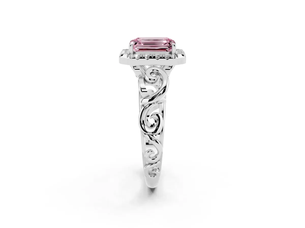 Fancy Pink Emerald Cut Cut Halo Diamond Ring with Scrollwork Band and Four-Prong Setting Silver