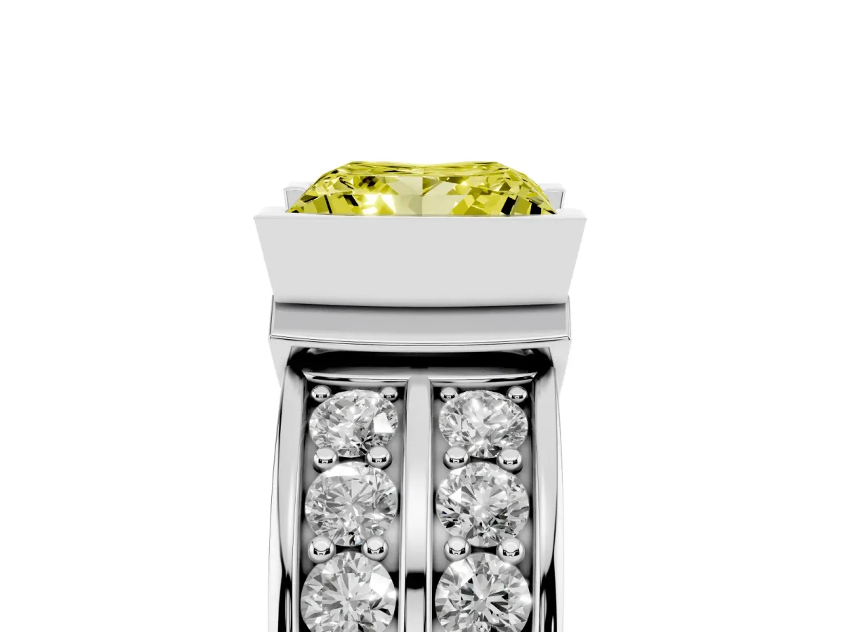 Fancy Yellow Princess Cut Brilliant Diamond Channel Set Wide Band Ring with Bezel Setting Silver