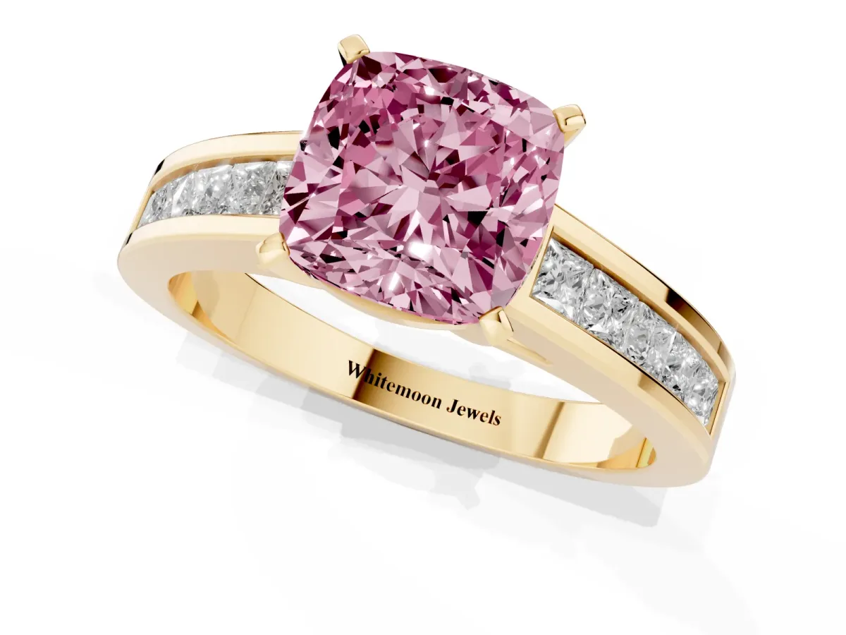 Fancy Pink Cushion Cut Solitaire Diamond Ring with Channel-Set Band and Four-Prong Setting Yellow gold
