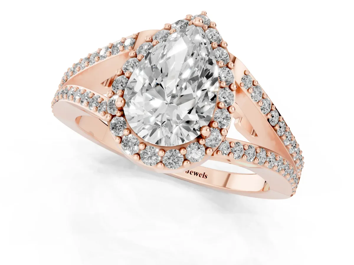 Pear Cut Halo Split Shank Pave Diamond Ring with Four-Prong Setting Rose gold