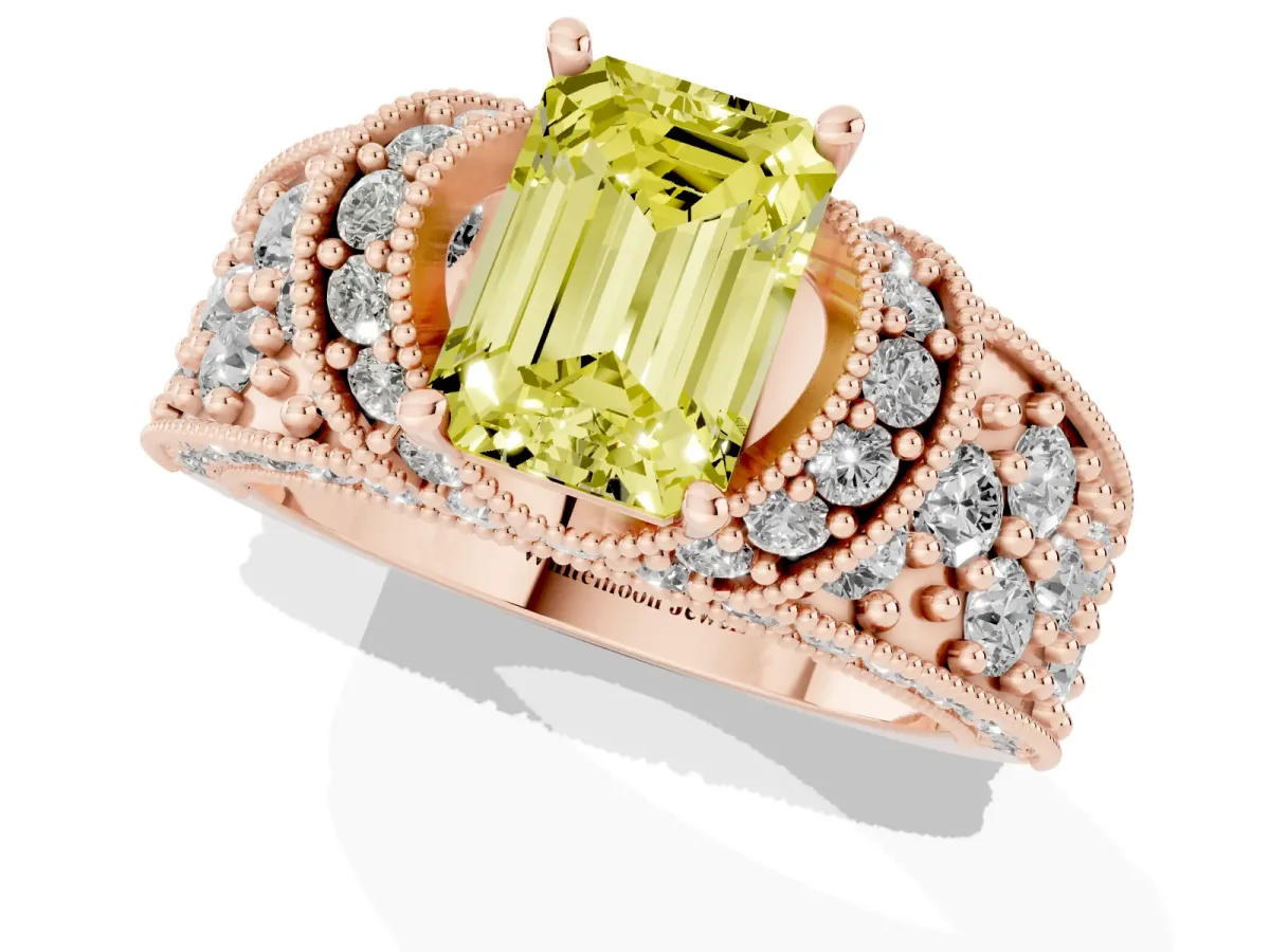 Fancy Yellow Emerald Cut Halo Pave Diamond Engagement Ring with Milgrain Detailing Rose gold