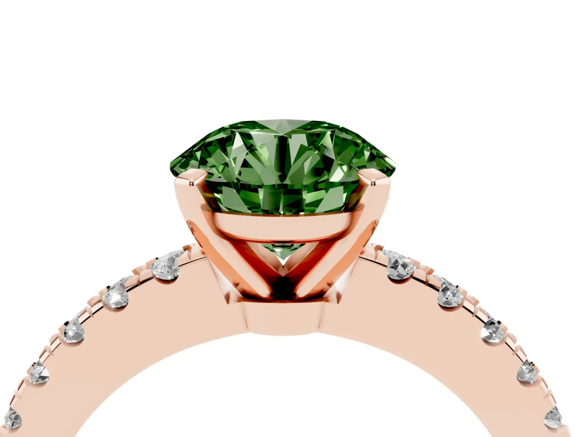 Fancy Green Round Cut Solitaire Diamond with Pavé Band and Four-Prong Setting Rose gold