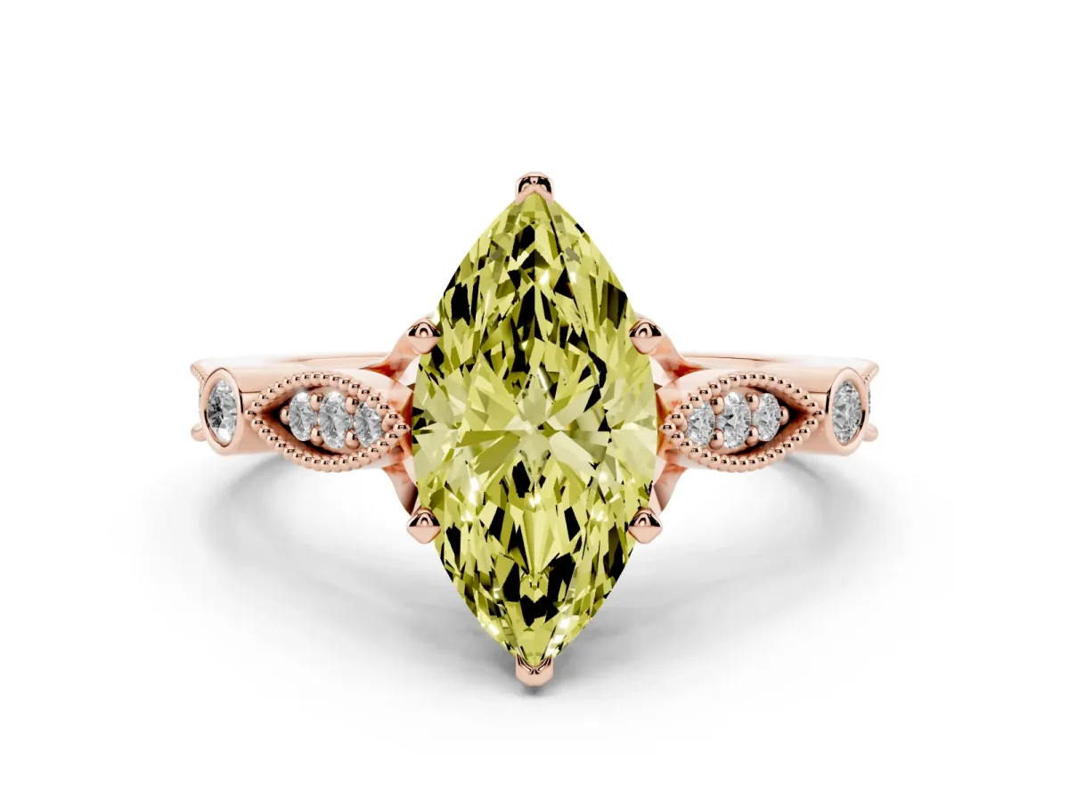 Fancy Yellow Marquise Cut Cut Diamond with Milgrain Marquise and Bezel Accents on a Solitaire Band with Prong Setting Rose gold