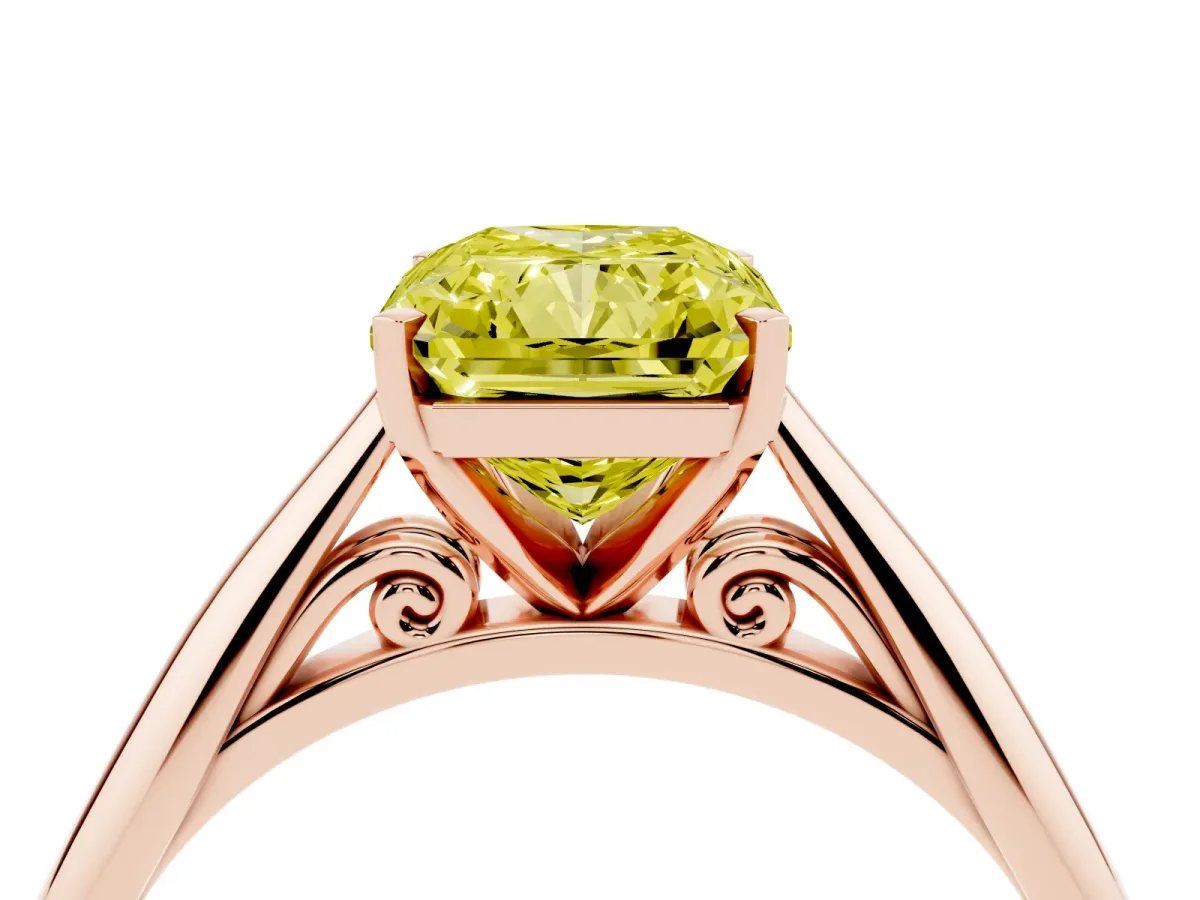 Fancy Yellow Radiant Cut Diamond Solitaire Engagement Ring with Cathedral Setting and Four-Prong Mount Rose gold