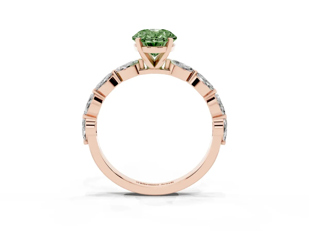 Fancy Green Oval Cut Diamond Ring with Marquise Side Stones and Prong Setting Rose gold
