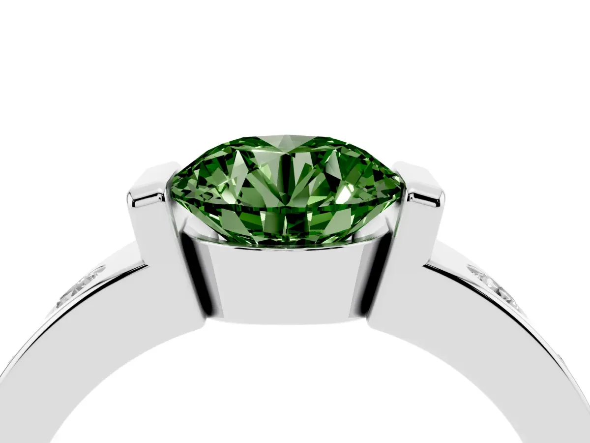 Fancy Green Round Cut Brilliant Channel-Set Diamond Ring with Bezel Prong Setting Silver