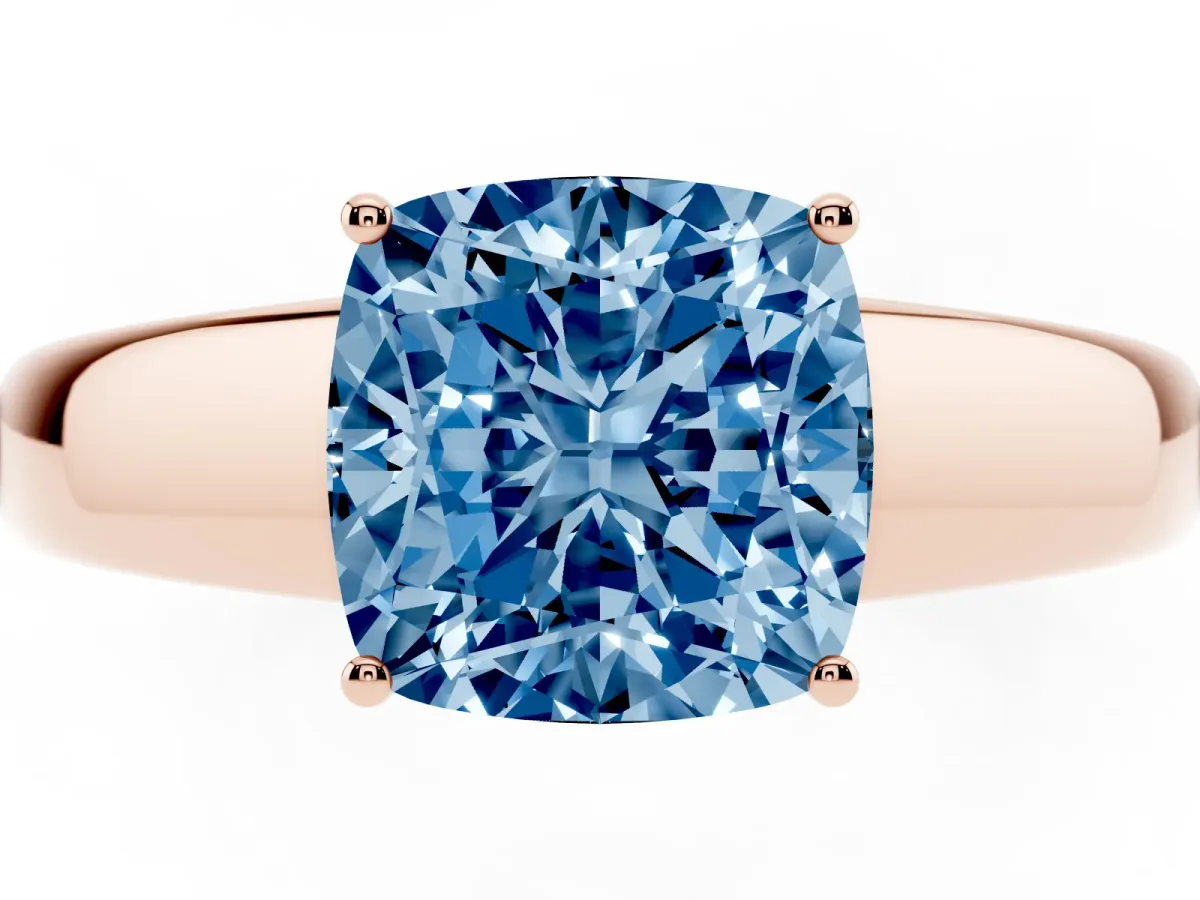 Fancy Blue Cushion Cut Solitaire Diamond Ring with Tapered Band and Four-Prong Setting Rose gold