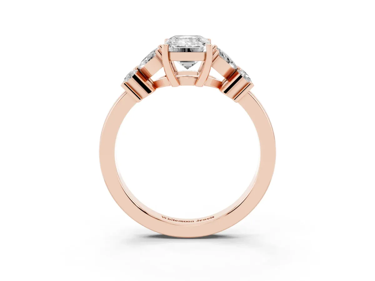Emerald Cut Diamond Floral Cluster Ring with Solitaire Band and Prong Setting Rose gold