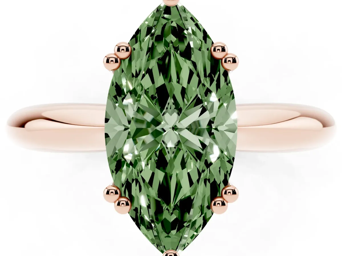 Fancy Green Marquise Cut Cut Solitaire Engagement Ring with Tapered Band and Four-Prong Setting Rose gold