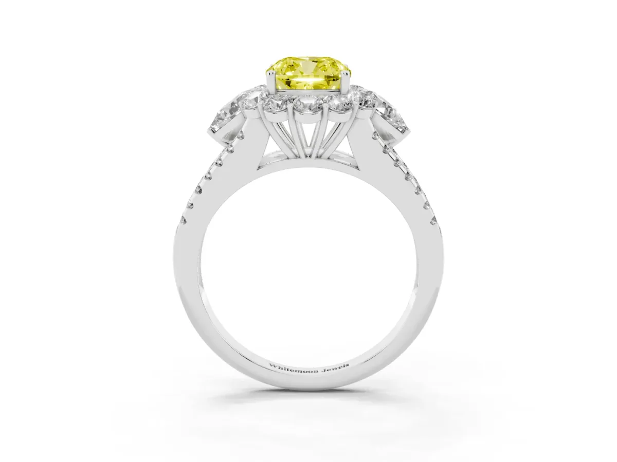 Fancy Yellow Cushion Cut Halo Split Shank Diamond Engagement Ring with Prong Setting Silver